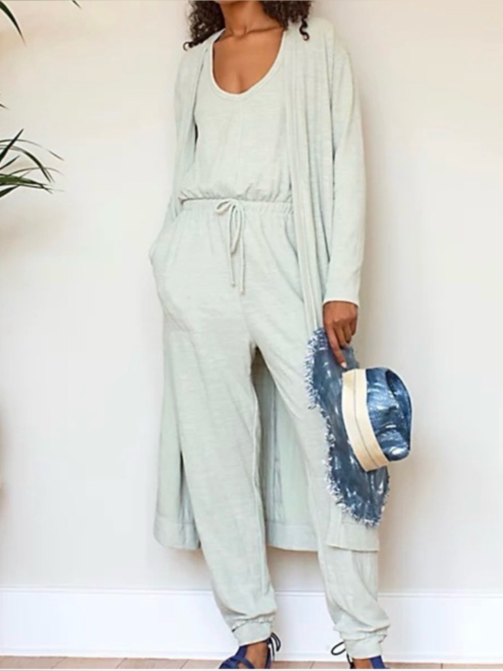 Free People FP Beach 2 Piece Set Bicoastal Sage Cozy Jumpsuit + Long Cardigan XS